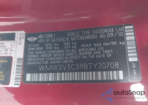 2011 Mini Cooper S from USA, damaged, VIN WMWSV3C59BTY20708